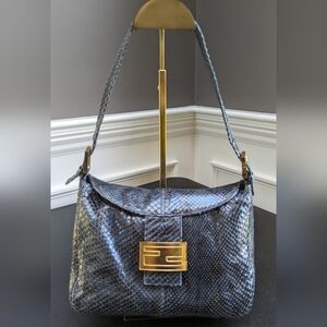 FENDI Snakeskin Mamma Baguette Shoulder Bag Exotic leather Navy Black